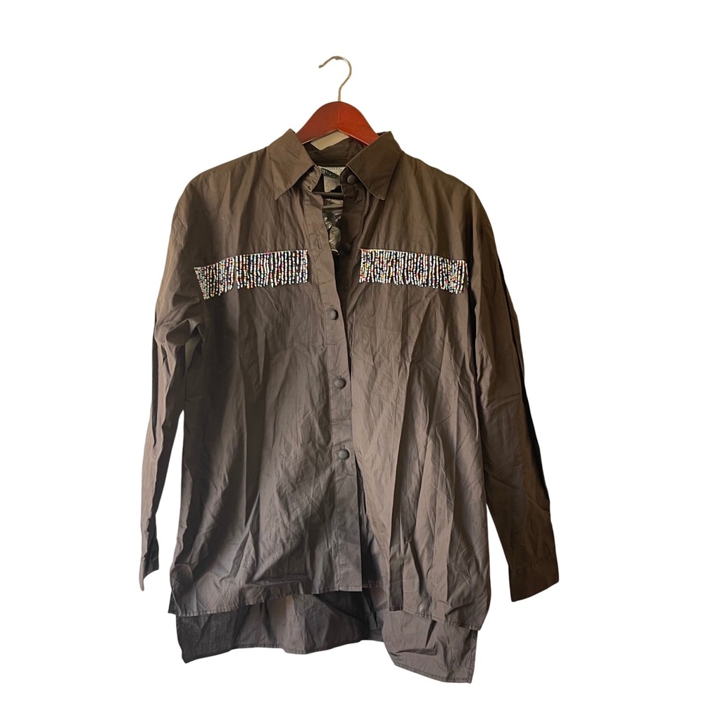 NWOT Vinatge HAIRSTON‎ ROBERSON Beaded Fringe Brown Button down Oversize medium